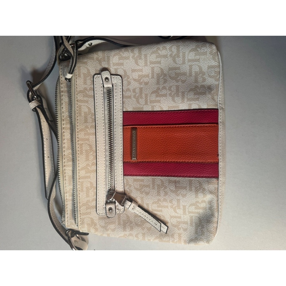 Dana Buchman Monogram Crossbody Bag White Pink Orange Stripe Multi-Zip Pocket - Picture 14 of 14
